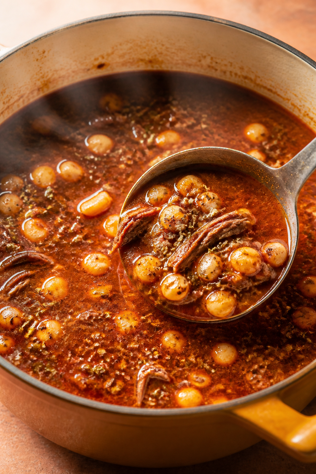 Cooking process close-up: A large enameled Dutch oven at a gentle simmer with shredded beef and puff