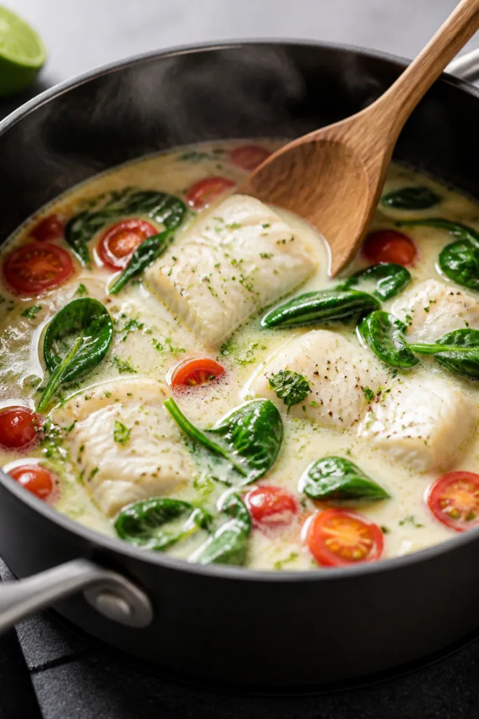 Cooking process close-up: A medium pot at a gentle simmer with creamy coconut-lime broth swirling, t