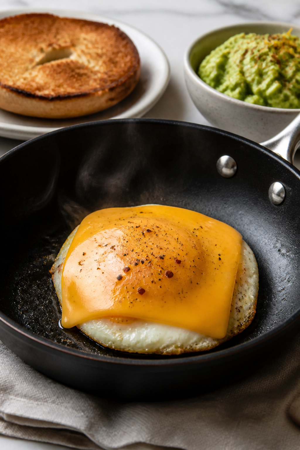 Cooking process close-up: A perfectly round fried egg cooking over medium heat in a small nonstick s