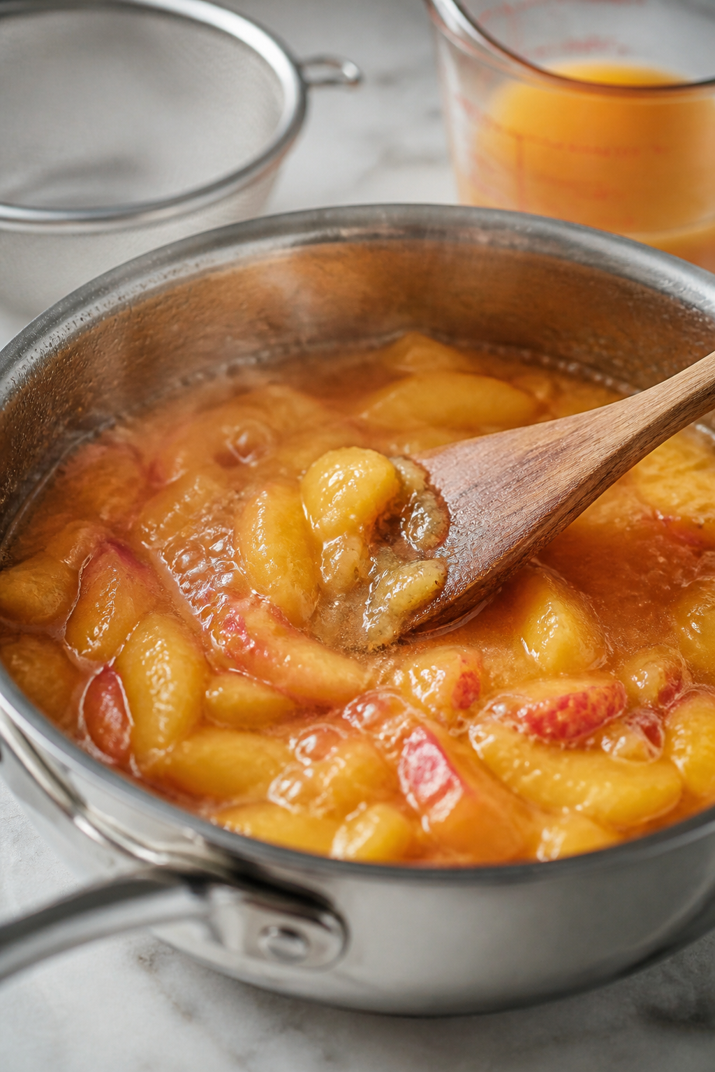 Cooking process close-up: A small saucepan at a gentle simmer with glossy peach syrup swirling aroun