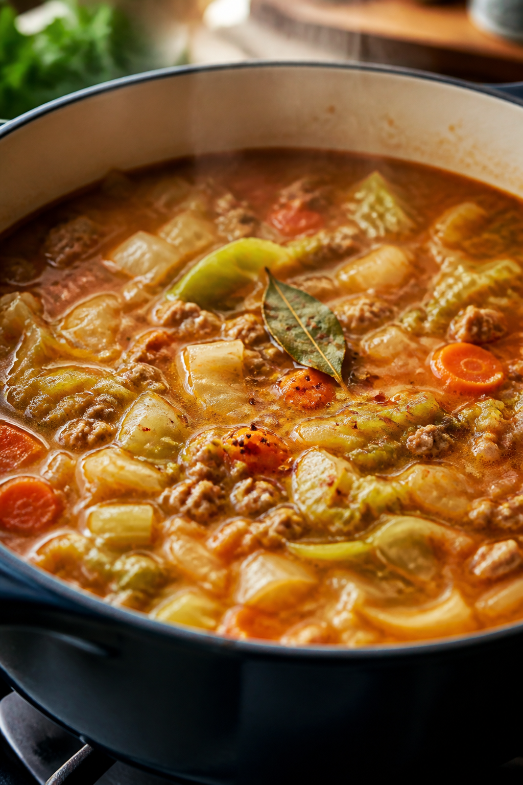 Cooking process close-up: A steaming Dutch oven on the stove with pork and cabbage soup at a gentle 