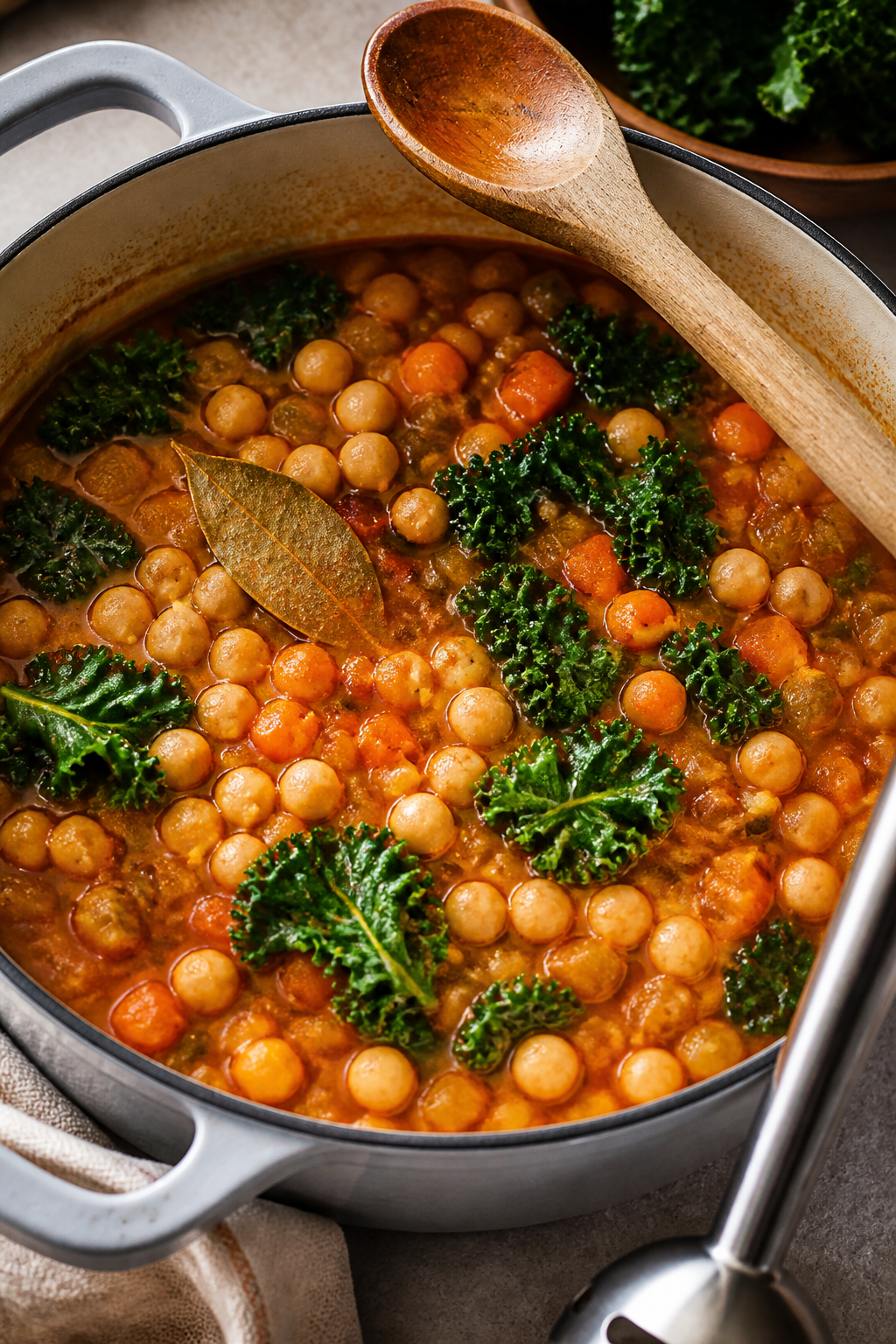 Cooking process close-up: A steaming pot of chickpea soup mid-simmer, overhead angle capturing tende