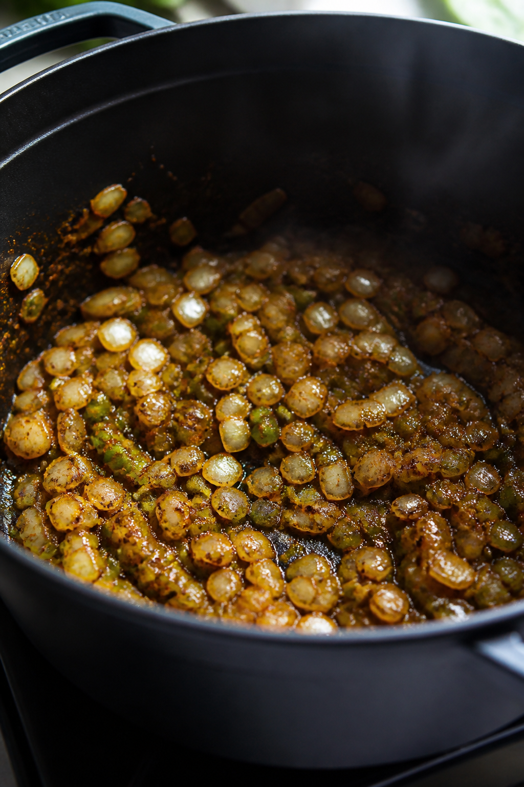 Cooking process close-up: Bloomed spices and aromatics for Mexican style white chicken chili sizzlin
