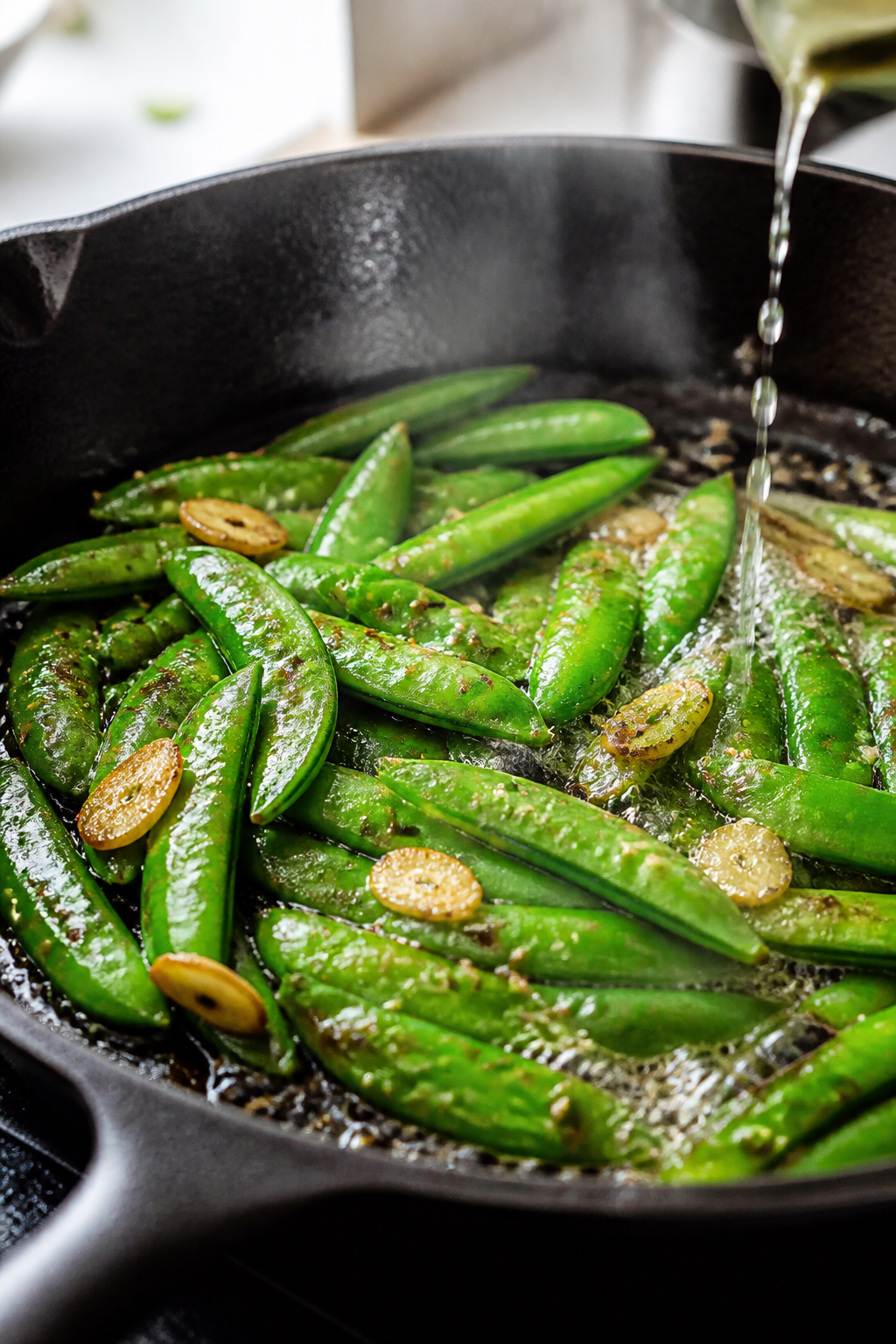 Cooking process close-up: Bright-green sautéed snap peas sizzling in a black cast-iron skillet, gli