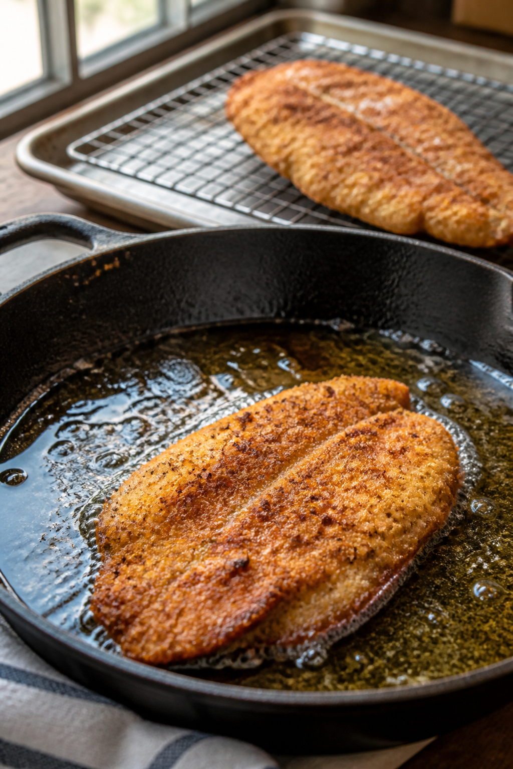 Cooking process close-up: Catfish fillet midway through frying in a heavy cast-iron skillet, deep go