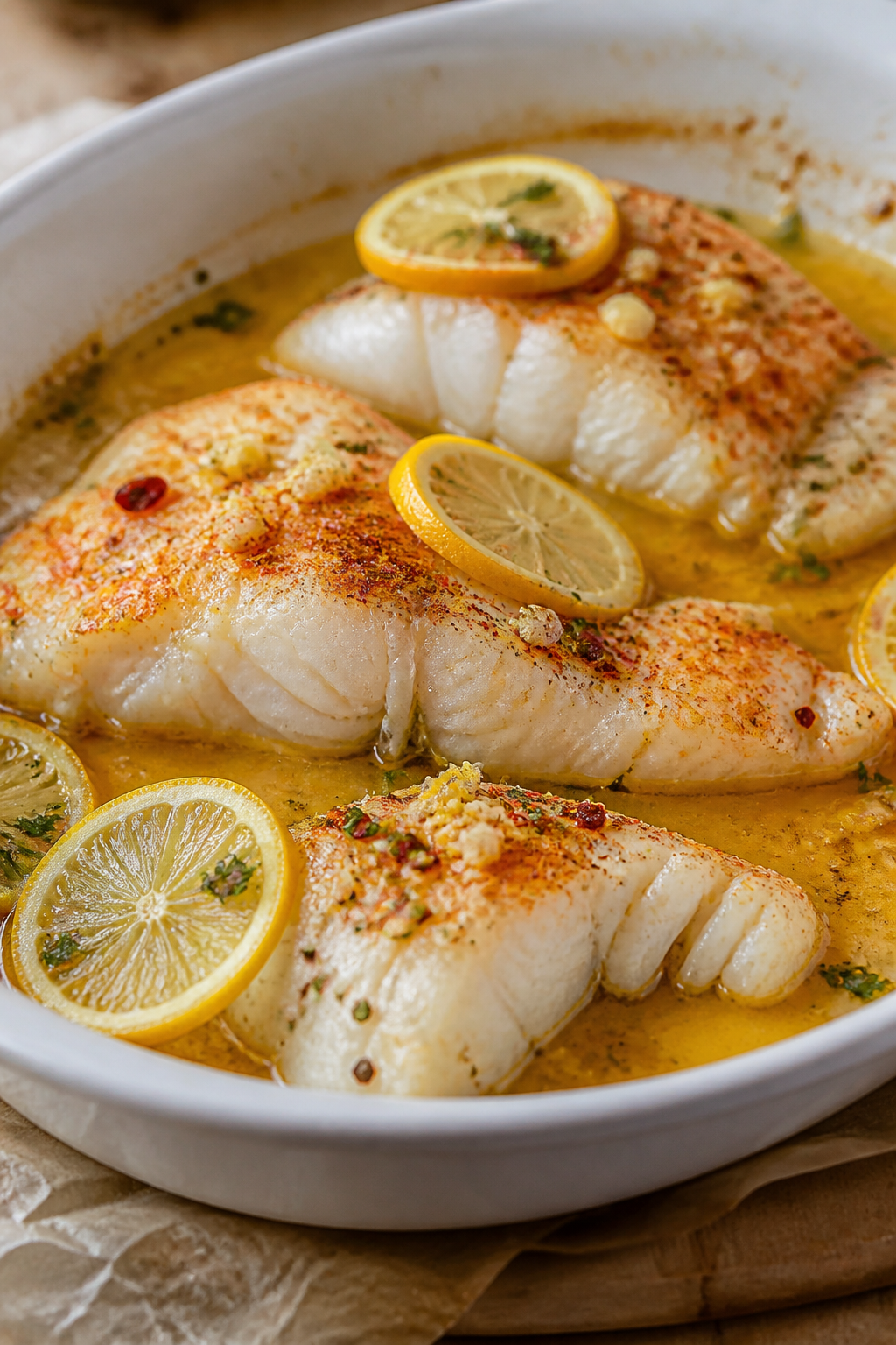 Cooking process close-up: Cod fillets baking in a shallow white ceramic dish at 400°F, bathed in gl
