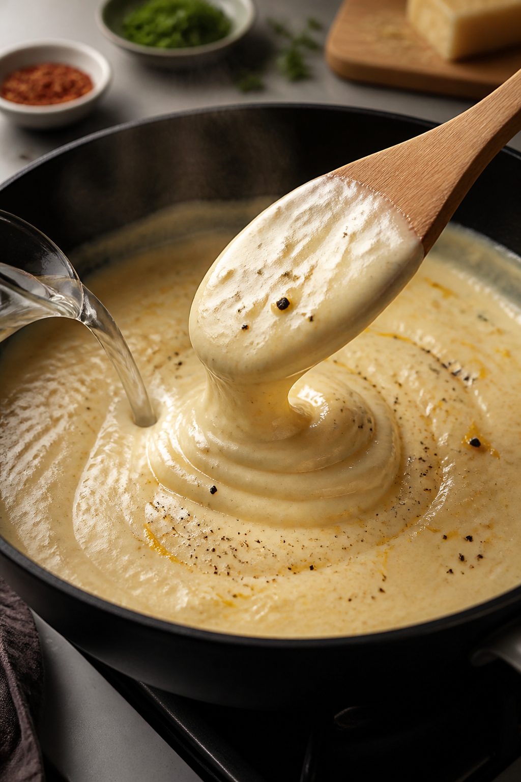 Cooking process close-up: Creamy cashew pasta sauce being gently warmed in a matte black skillet ove