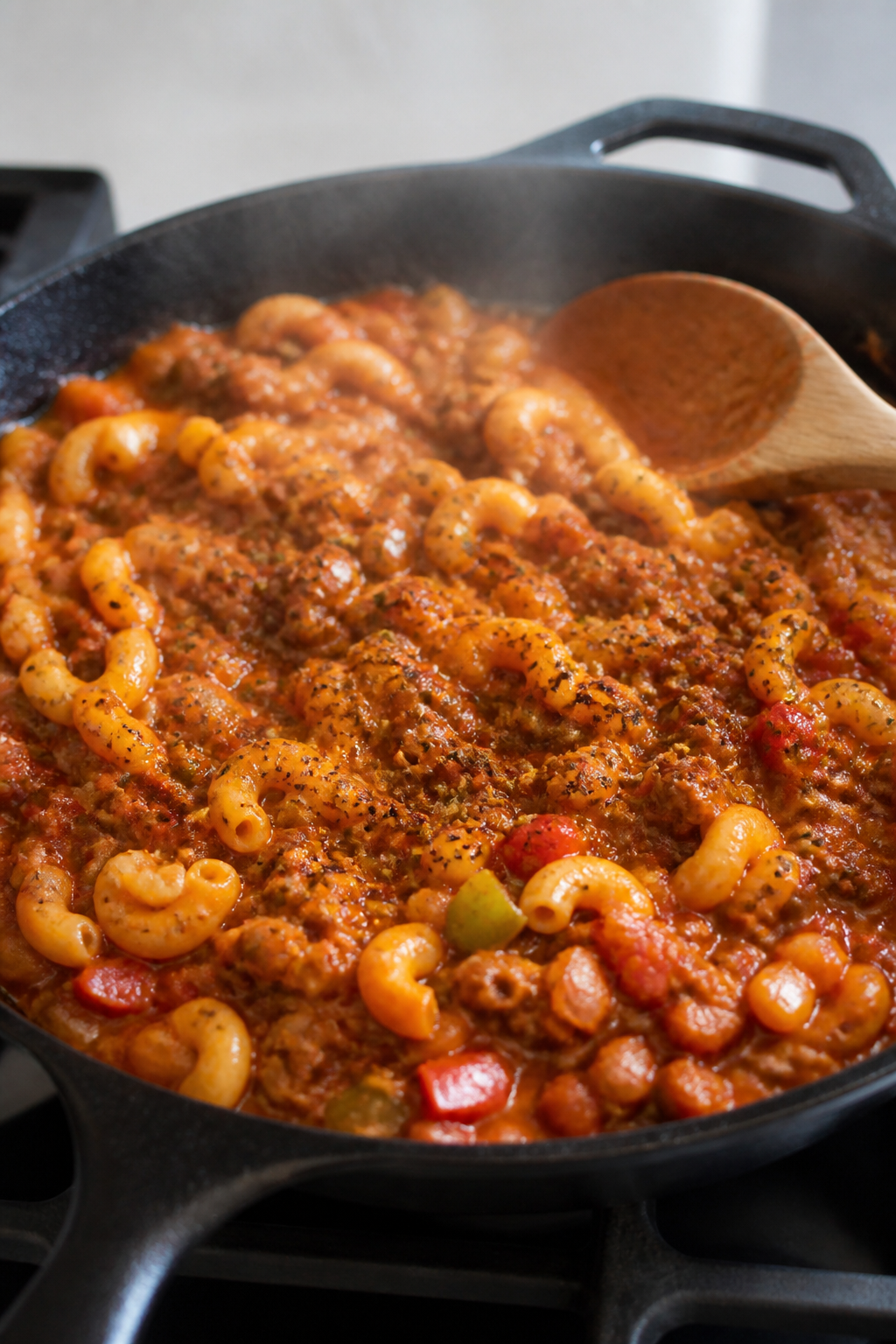 Cooking process, close-up detail: A deep, black cast-iron skillet on the stovetop with the beef-and-