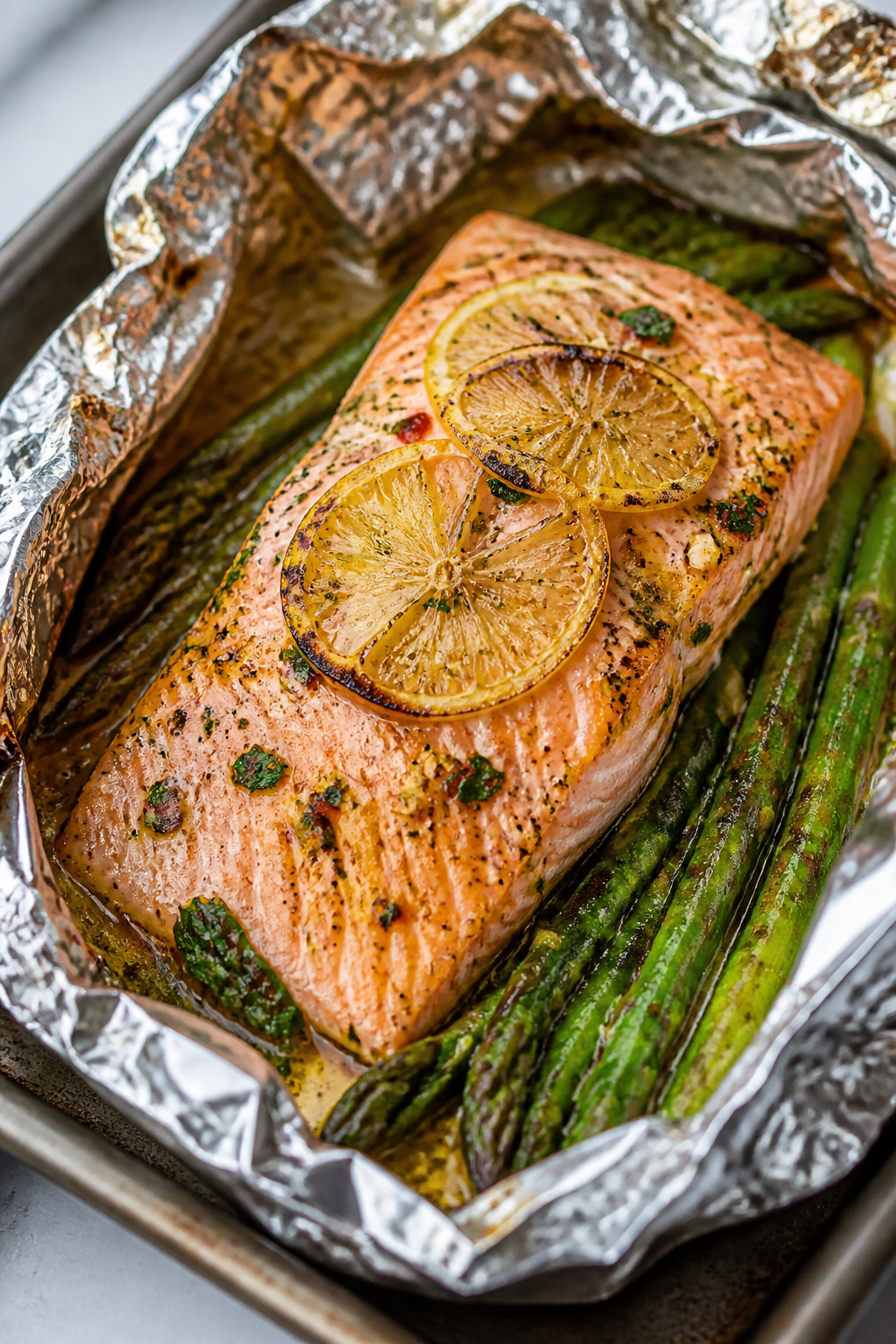 Cooking process, close-up detail: A partially opened foil packet fresh from the oven showing perfect