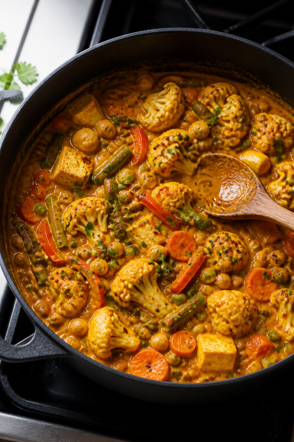 Cooking process, close-up detail: A steaming one-pot mixed vegetable curry mid-simmer in a matte bla