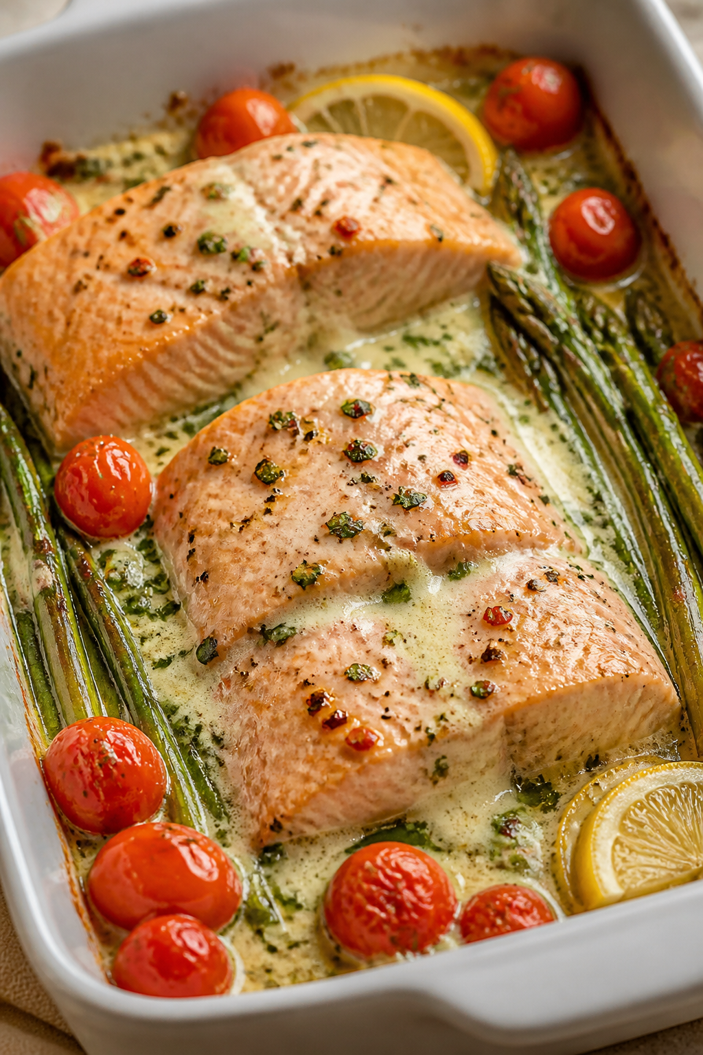 Cooking process, close-up detail: Bubbling Boursin-melt sauce around partially baked salmon fillets 
