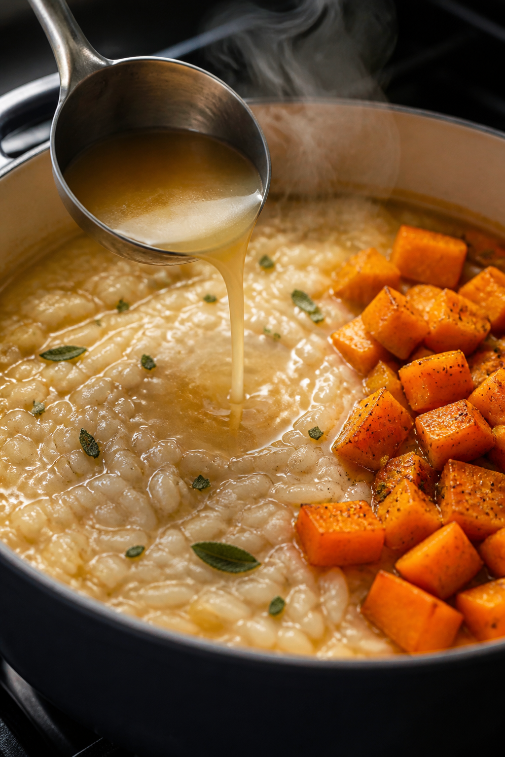 Cooking process, close-up detail: Creamy butternut squash risotto mid-cook in a wide, shallow Dutch 