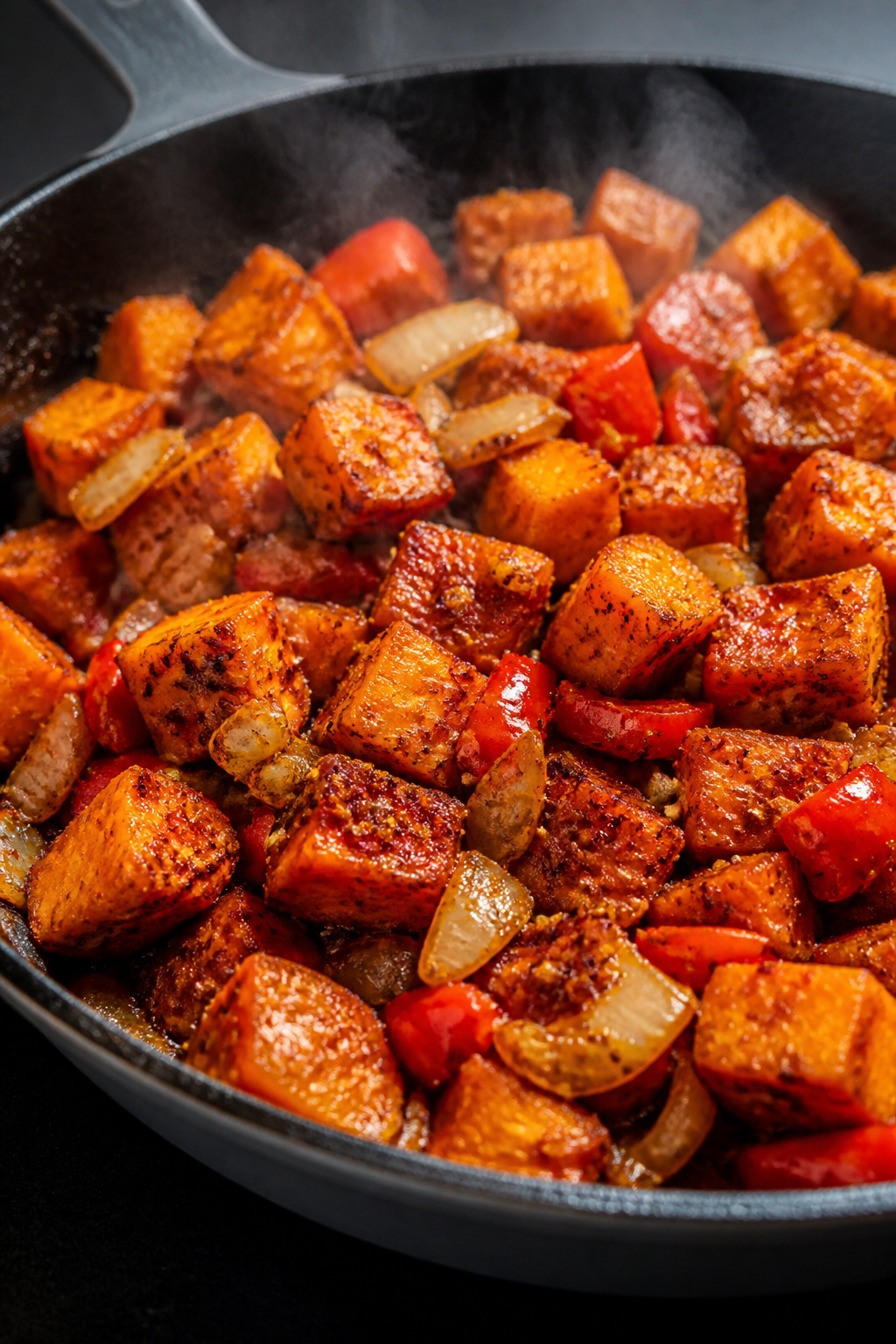 Cooking process, close-up detail: In a well-seasoned cast-iron skillet over medium heat, golden-brow