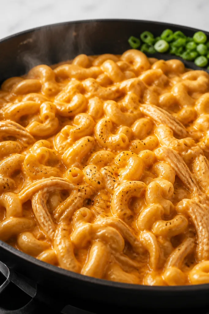Cooking process, close-up detail: In a wide, matte-black skillet on the stovetop, creamy Velveeta ch