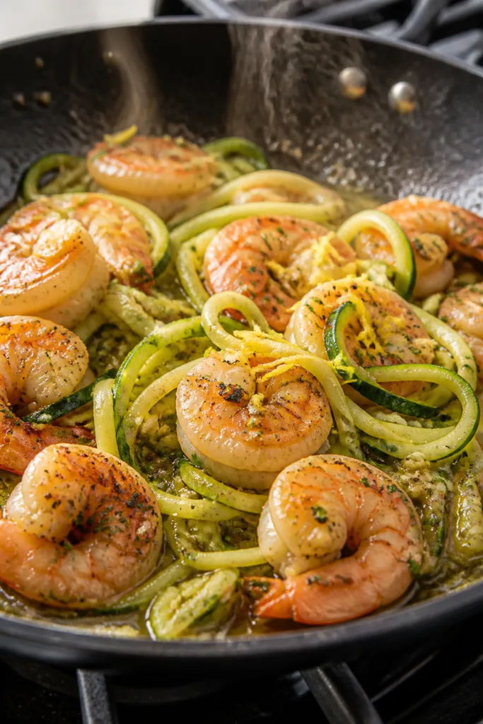 Cooking process, close-up detail: In-skillet lemon garlic shrimp being tossed with just-tender zucch