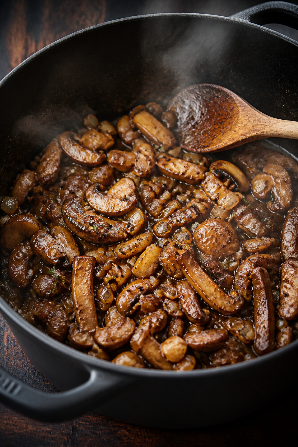 Cooking process, close-up detail: Sautéed mushroom medley browning in a matte black Dutch oven, sho