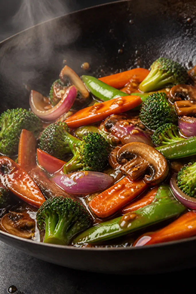 Cooking process, close-up detail: Sizzling teriyaki-glazed vegetables in a carbon-steel wok over hig
