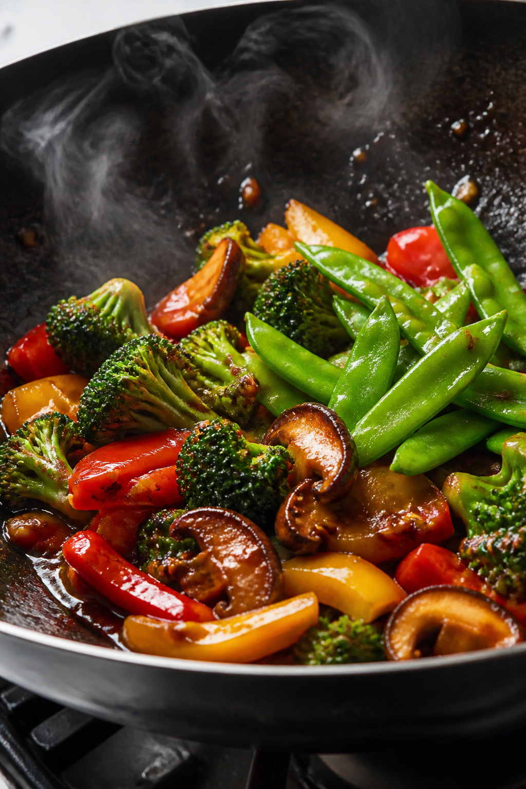 Cooking process, close-up detail: Sizzling teriyaki-glazed vegetables in a wok over high heat, mid-s