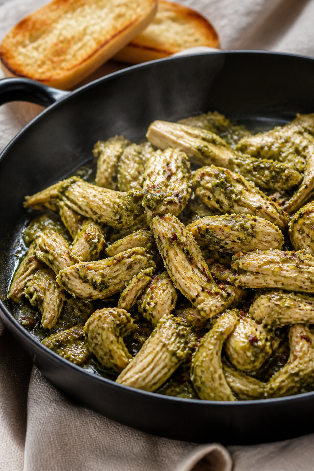 Cooking process, close-up detail: Warm pesto chicken being tossed in a skillet over low heat, tender