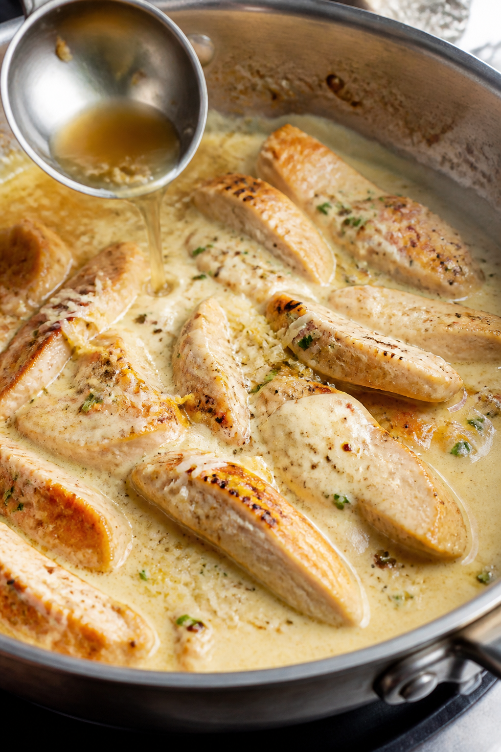 Cooking process close-up: Golden seared chicken breast strips being returned to a creamy Alfredo sau