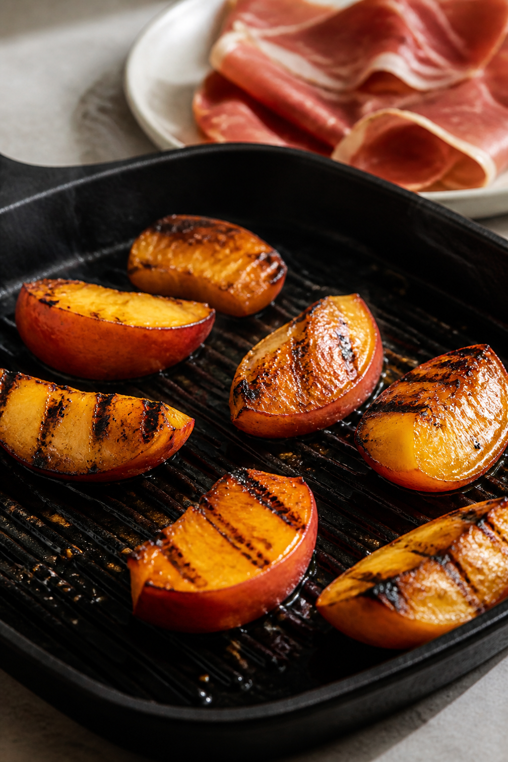 Cooking process close-up: Grilled peach wedges sizzling on a clean, oiled grill pan, cut sides down 