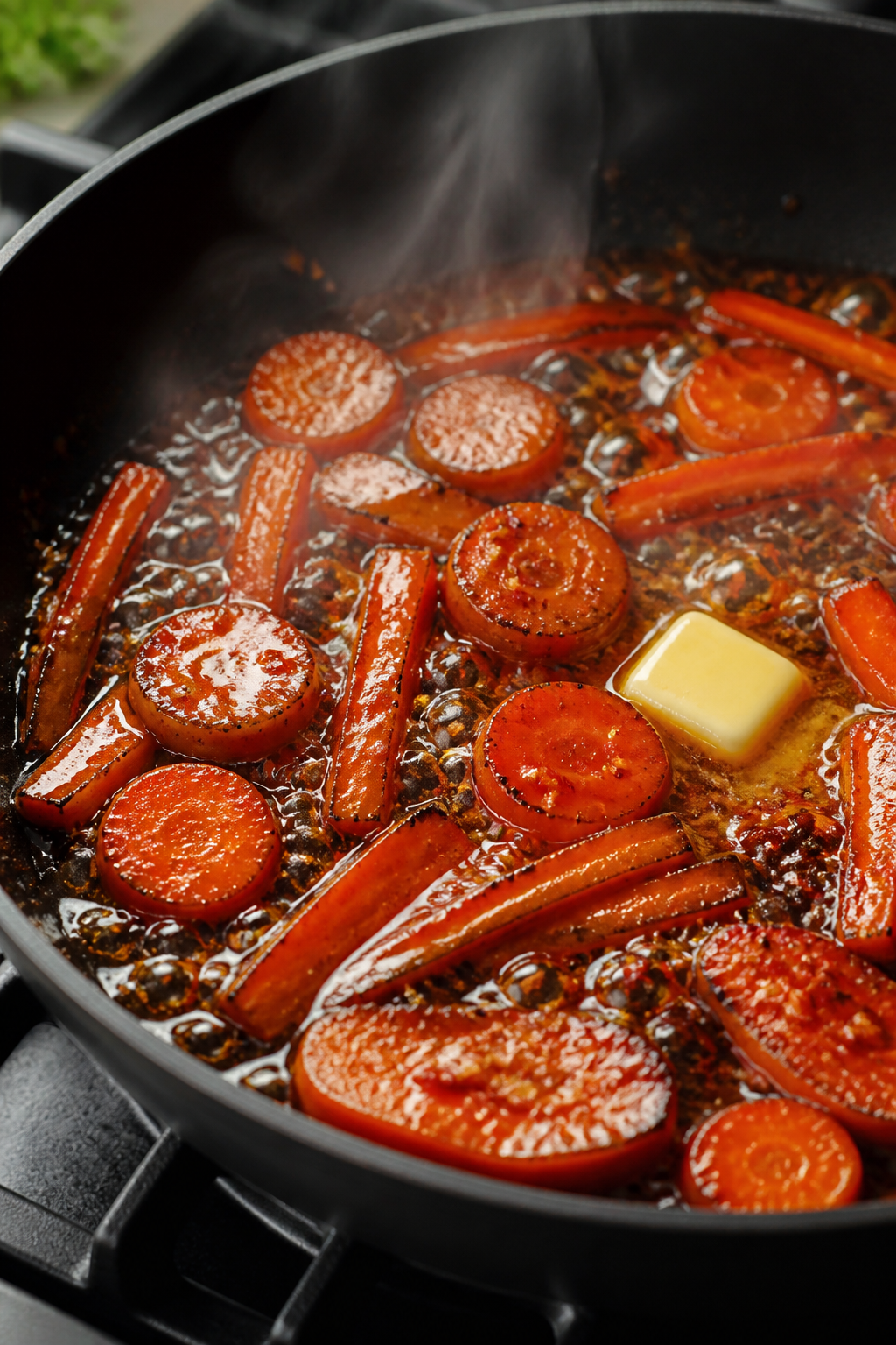 Cooking process close-up: Honey–soy glazed carrots sizzling in a wide skillet over medium heat, co