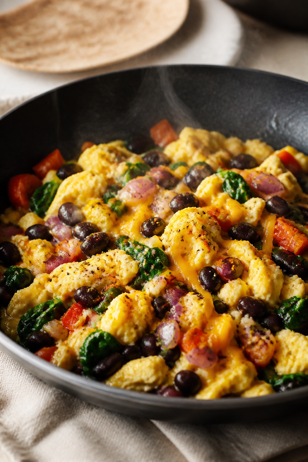 Cooking process close-up: In-skillet scramble for a vegetarian breakfast burrito, tight close-up of
