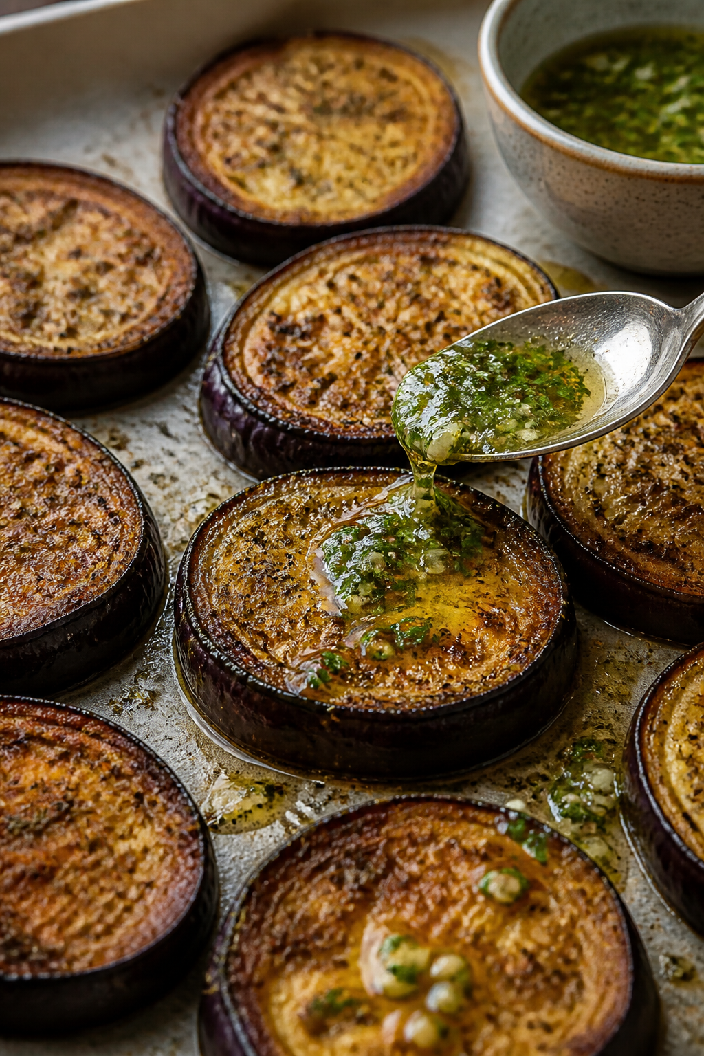 Cooking process close-up: Roasted eggplant rounds just out of the oven on a parchment-lined sheet pa