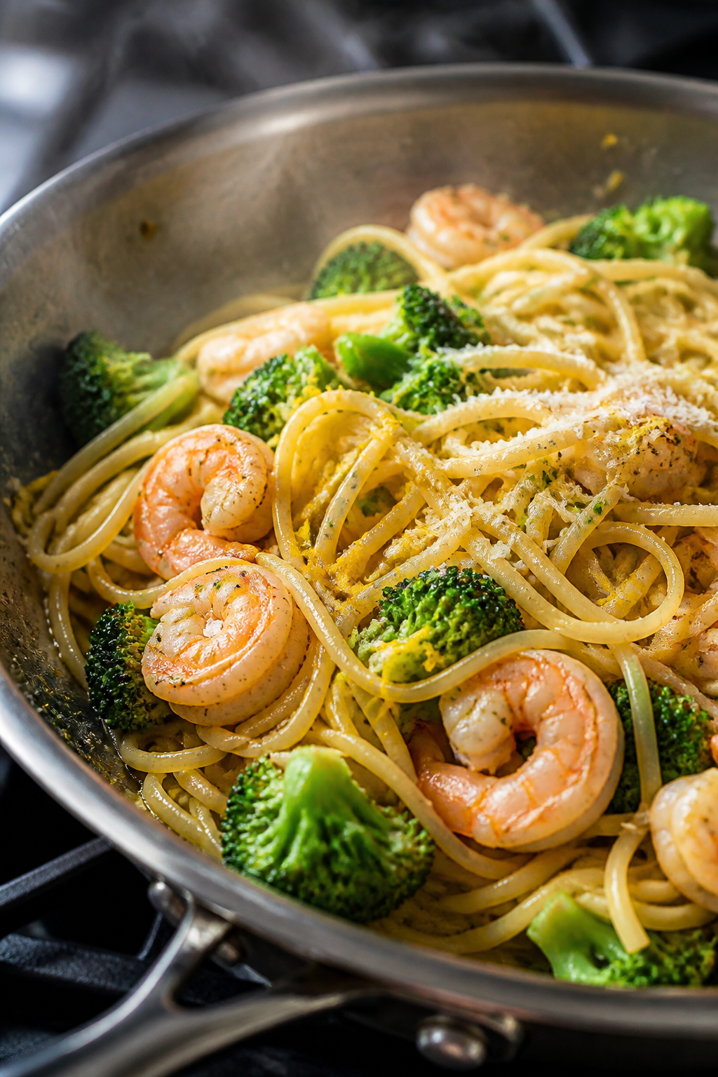 Cooking process close-up: Shrimp and broccoli pasta mid-toss in a large stainless skillet over mediu