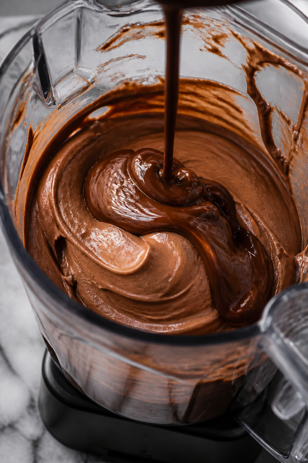 Cooking process close-up: Silky tofu avocado chocolate mousse base mid-blend in a high-speed blender