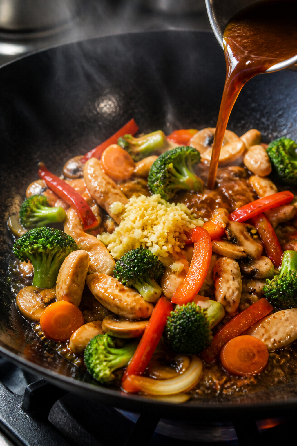 Cooking process close-up: Sizzling chicken and vegetables in a hot wok, mid-stir-fry. Juicy, thin-sl