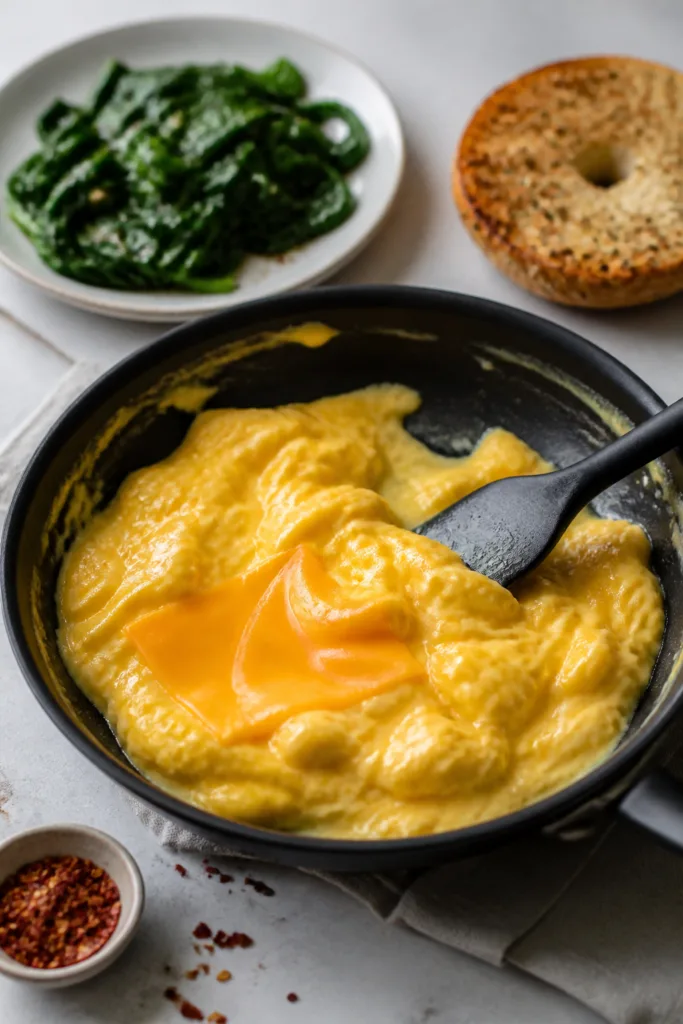 Cooking process close-up: Soft-scrambled eggs being gently stirred in a small nonstick skillet over