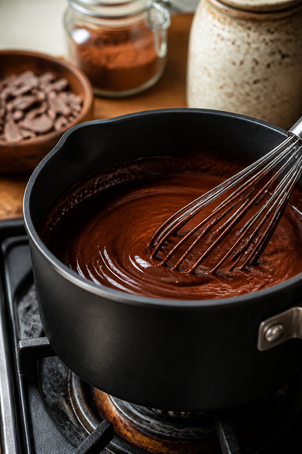 Cooking process close-up: Steaming hot chocolate in a small matte-black saucepan on the stovetop, co