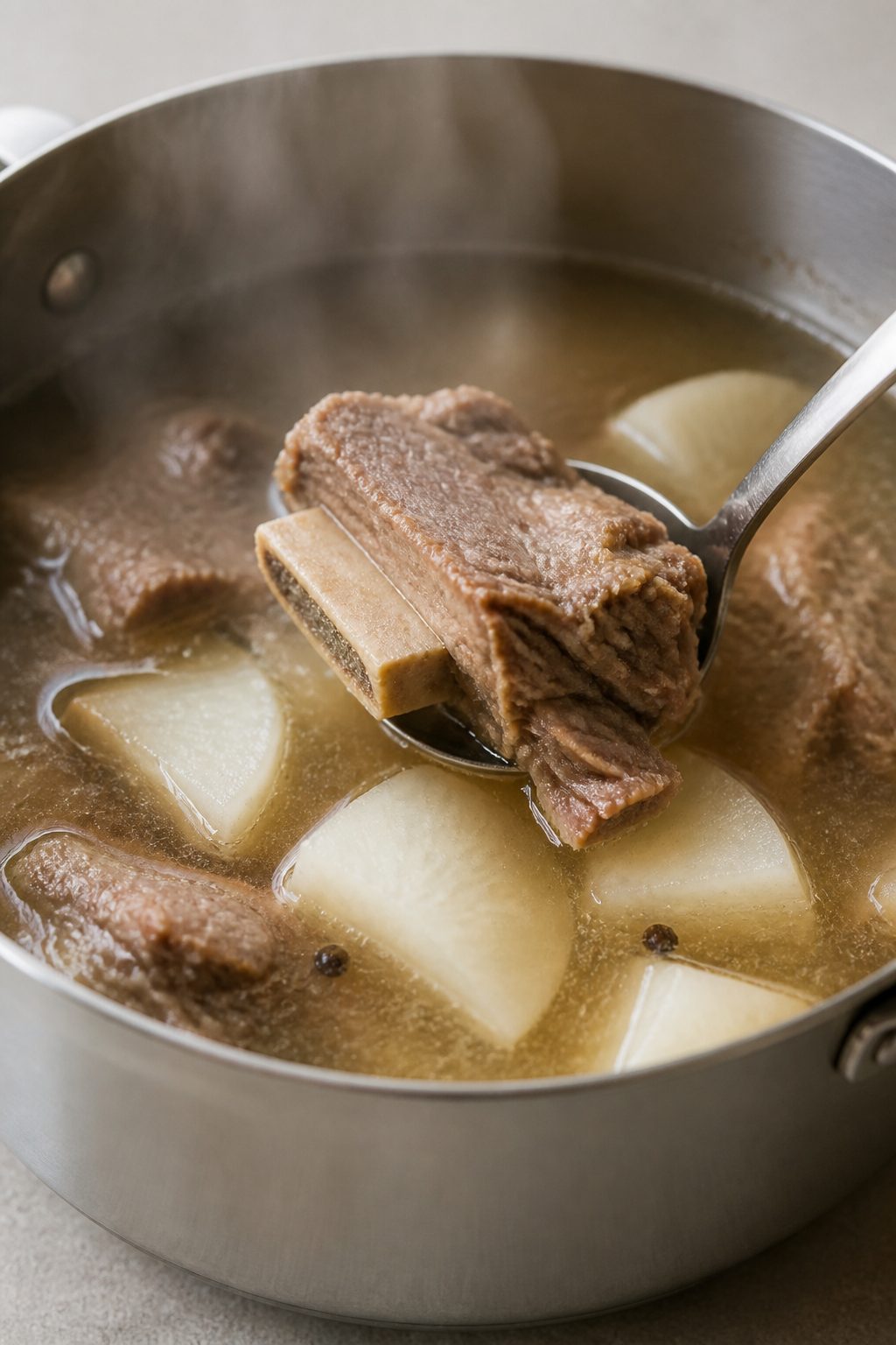 Cooking process close-up: Tender beef short ribs simmering in a clear galbitang broth, daikon chunks