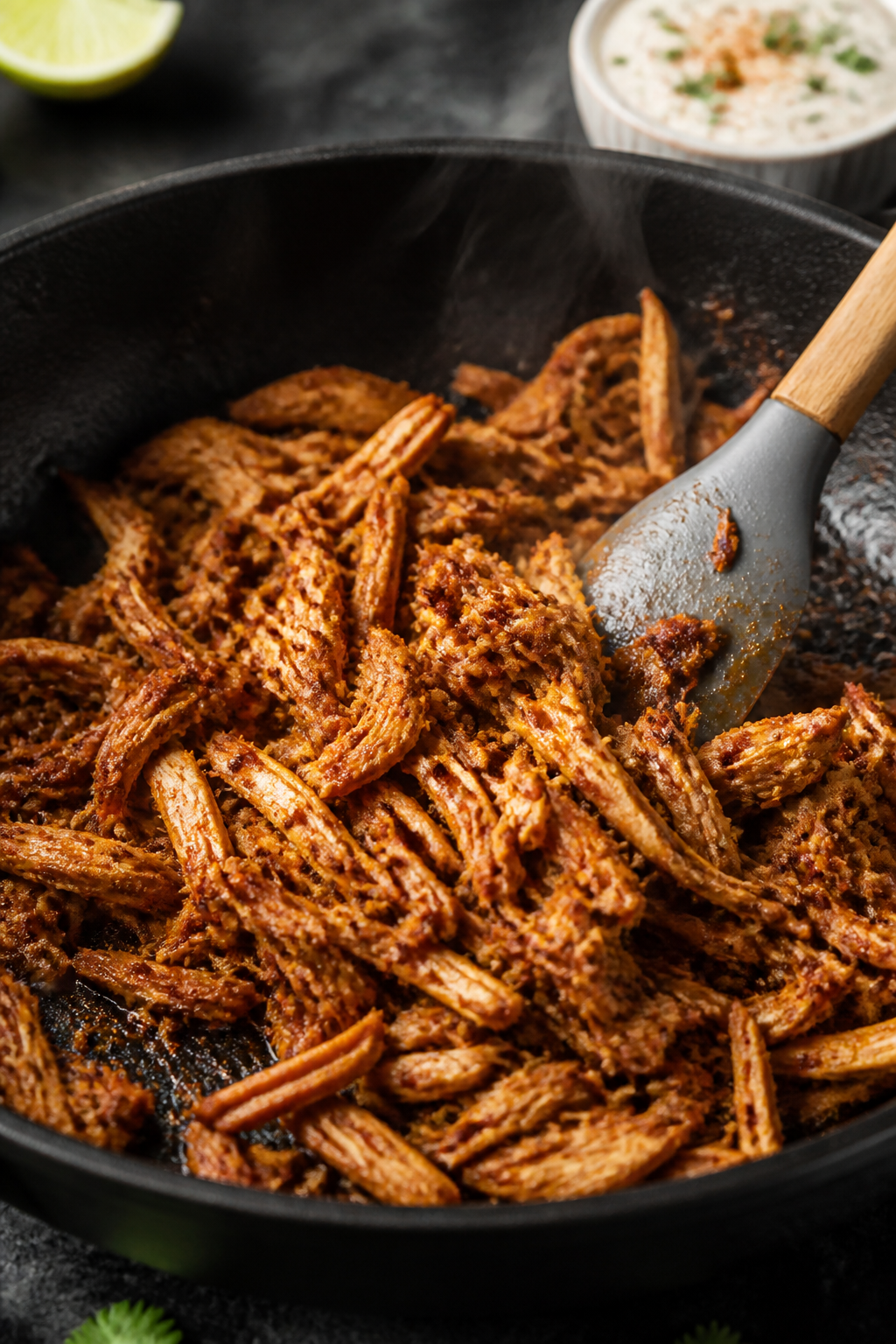 Cooking process close-up: Warmed, spice-coated shredded chicken sizzling in a matte black skillet, e