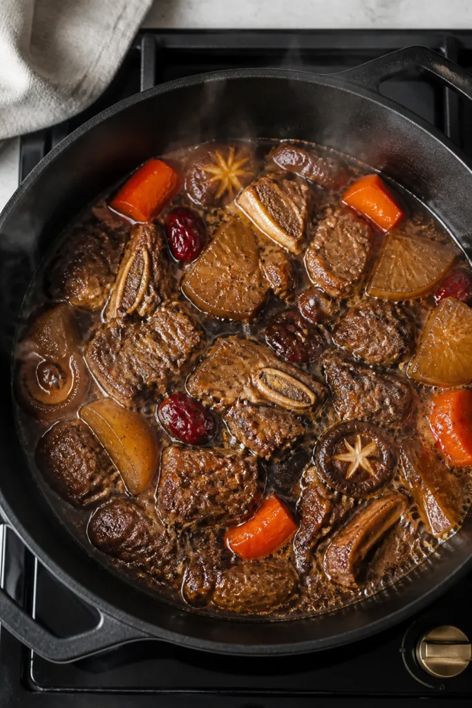 Cooking process — Dutch oven braise: Overhead shot of Korean braised short ribs (galbi jjim) simme