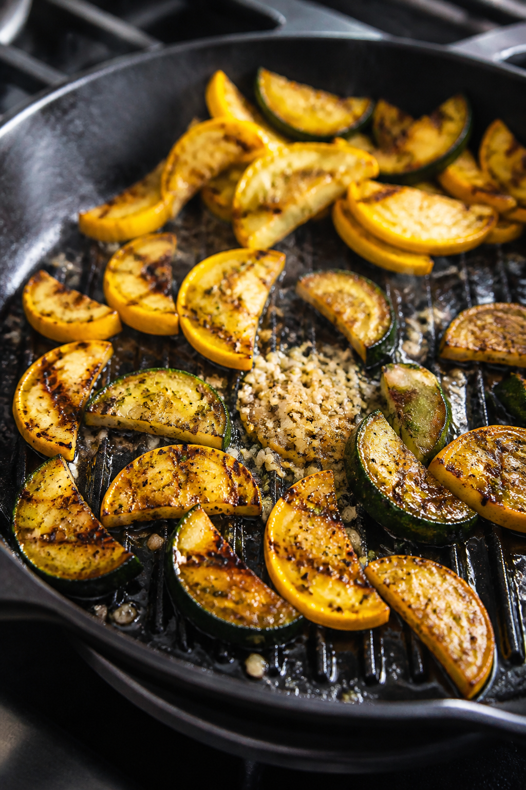 Cooking process: Searing zucchini and yellow squash half-moons in a smoking-hot cast-iron grill pan