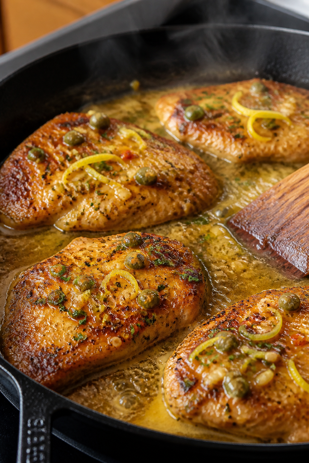 Cooking process, skillet action: Close-up of golden-seared chicken cutlets simmering in a glossy lem