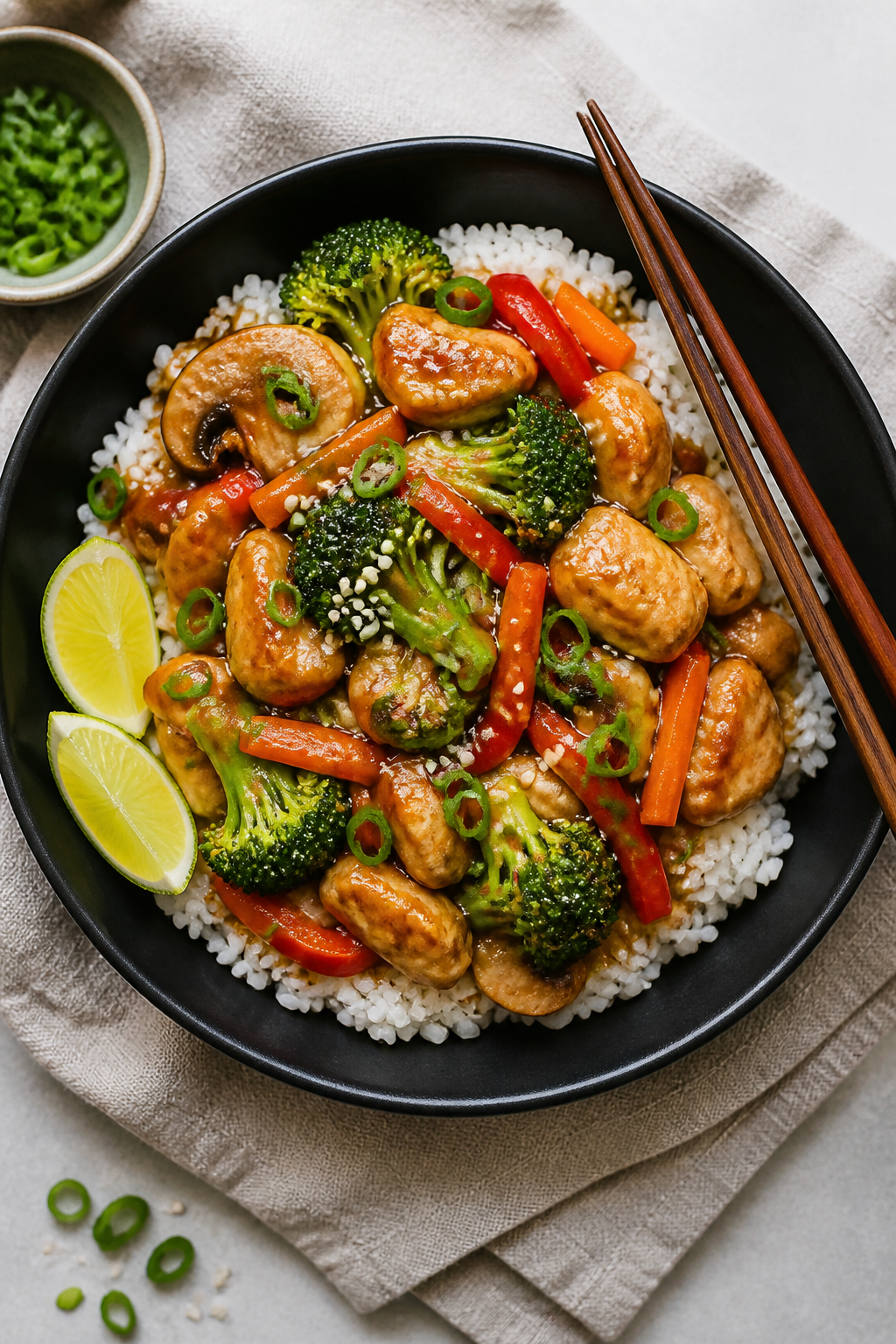 Final dish overhead: Beautifully plated chicken and vegetable stir fry over fluffy white rice in a w