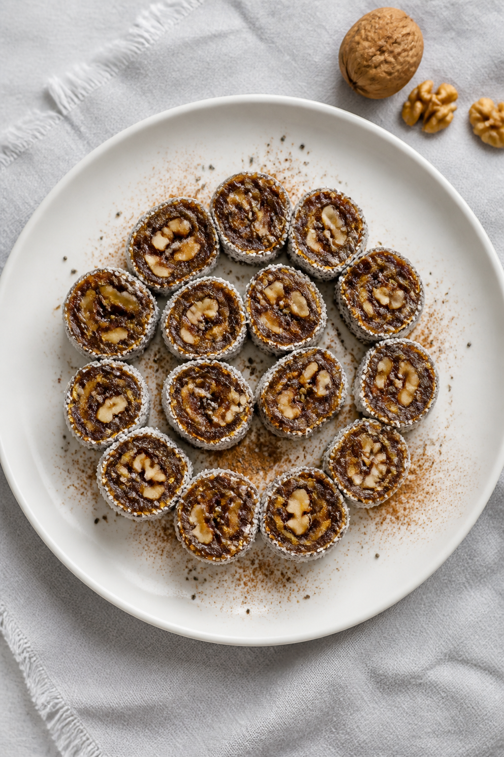 Final dish overhead: Neat top-down shot of 12–16 sliced walnut date rolls arranged in a tight spir