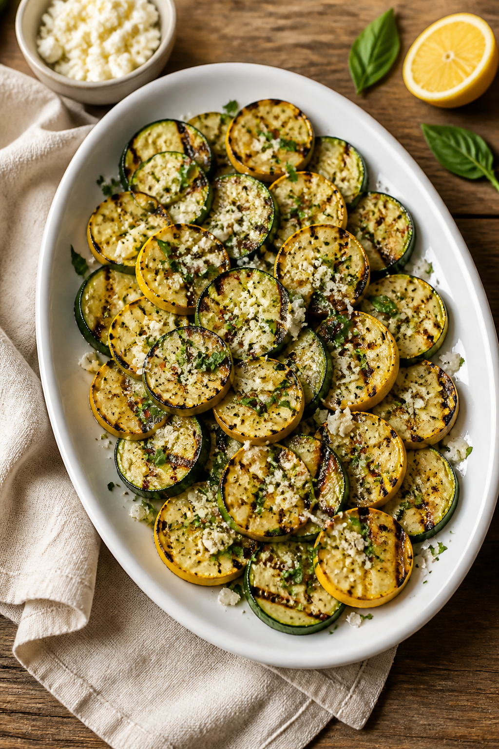 Final dish, overhead: Platter of pan-grilled zucchini and yellow squash rounds, tender-crisp with vi