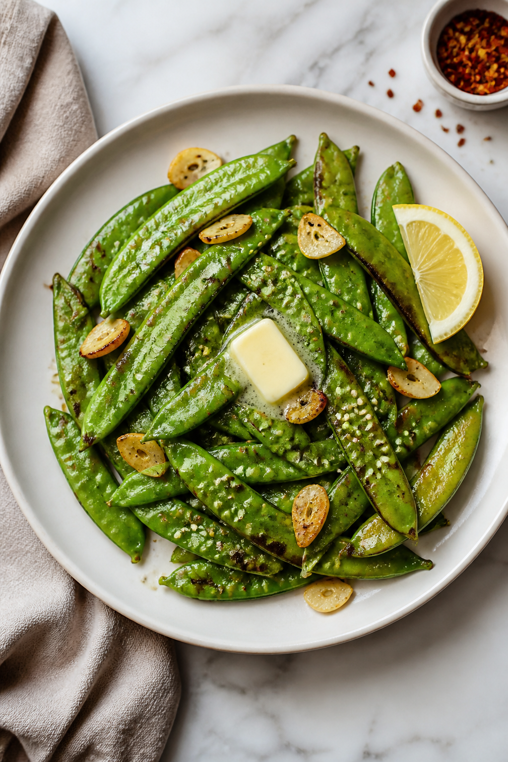 Final dish overhead: Restaurant-quality plate of sautéed snap peas with garlic and lemon, arranged 