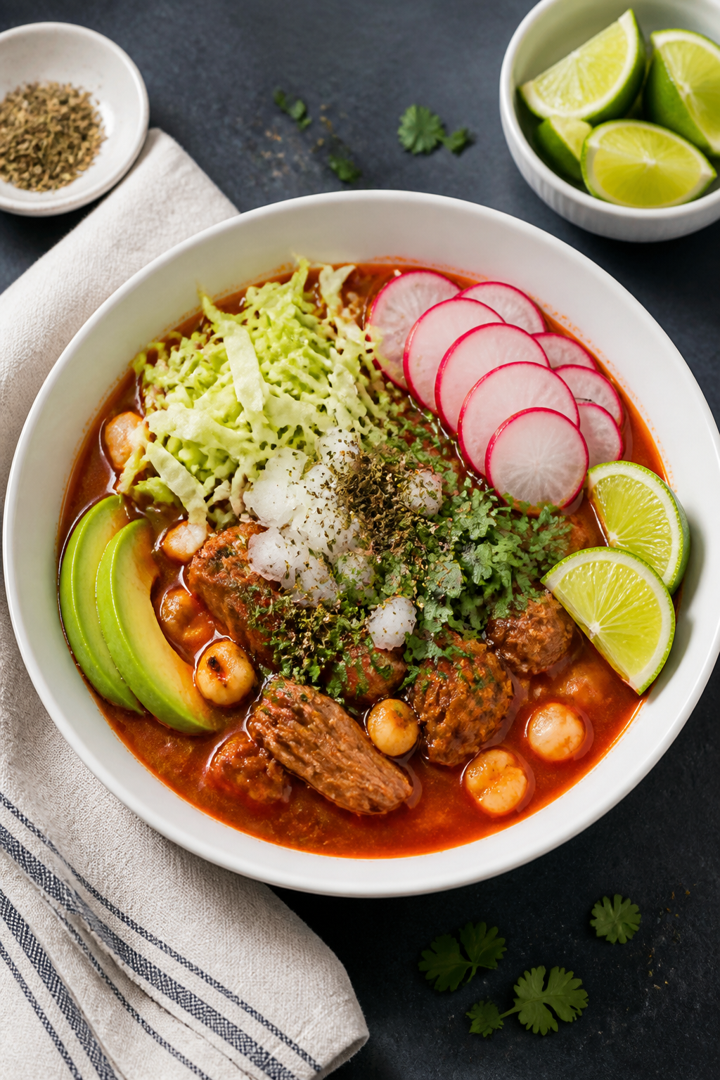 Final dish overhead: Restaurant-quality top-down shot of Beef Pozole Rojo in a wide, matte white bow