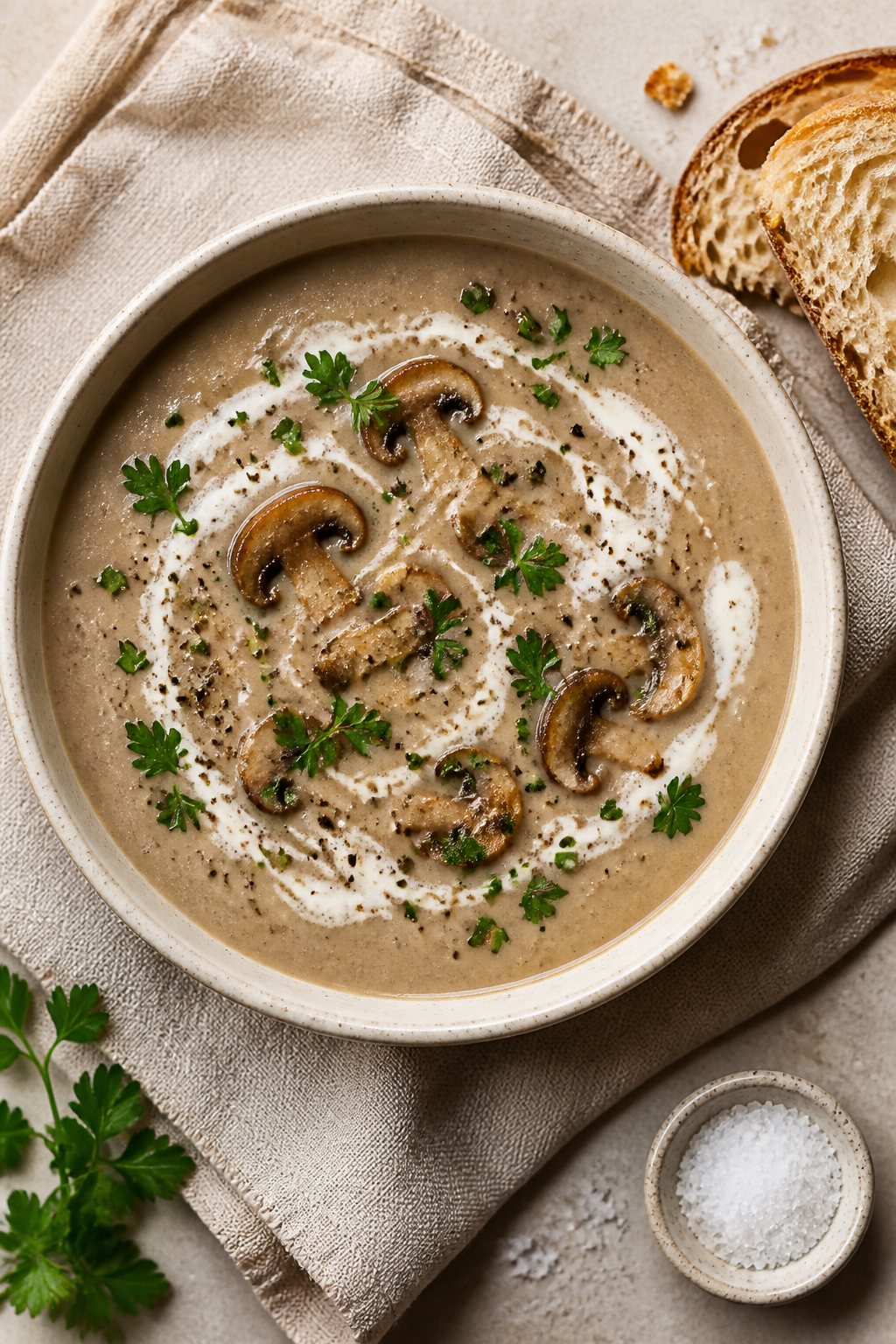 Final dish, overhead: Silky vegan creamy mushroom soup in a wide, off-white ceramic bowl, ultra-smoo