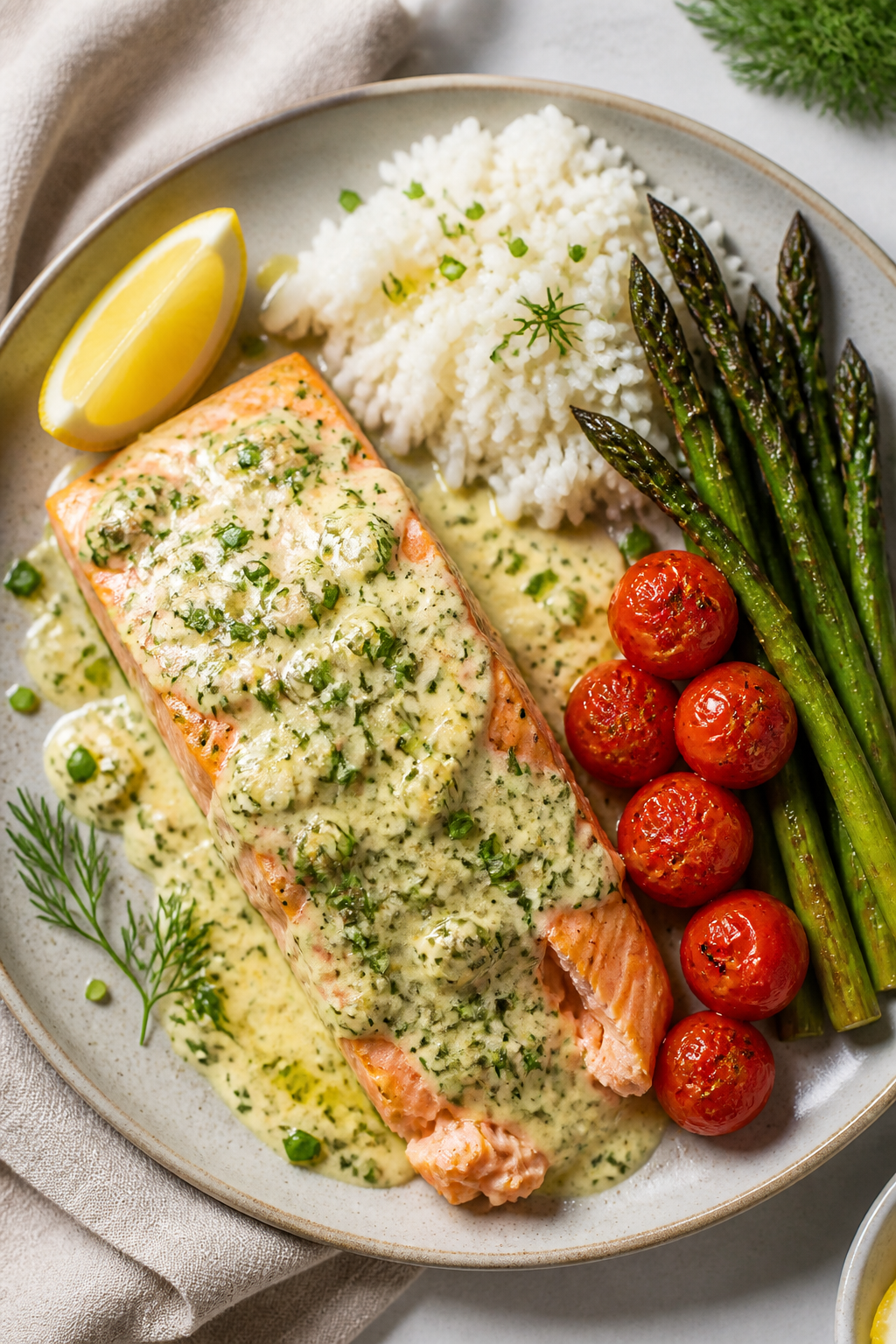Final dish, plated presentation, tasty top view: Overhead shot of Baked Boursin Salmon plated on a m