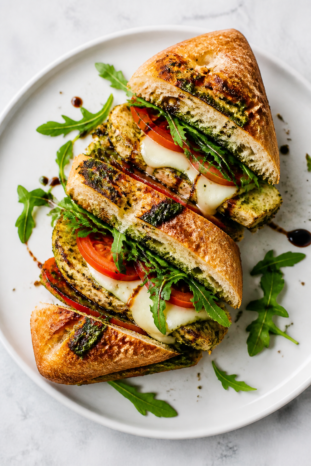 Final dish, tasty top view: Overhead shot of a ciabatta chicken pesto sandwich sliced and slightly f
