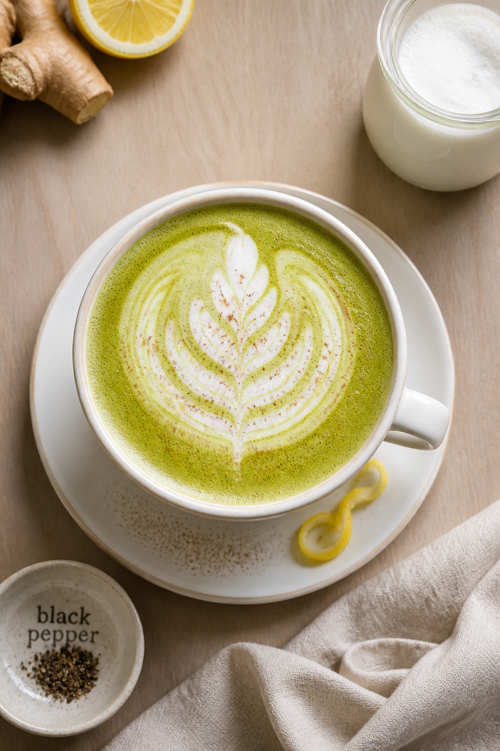 Final dish, tasty top view: Overhead shot of a creamy matcha ginger latte served hot in a matte whit