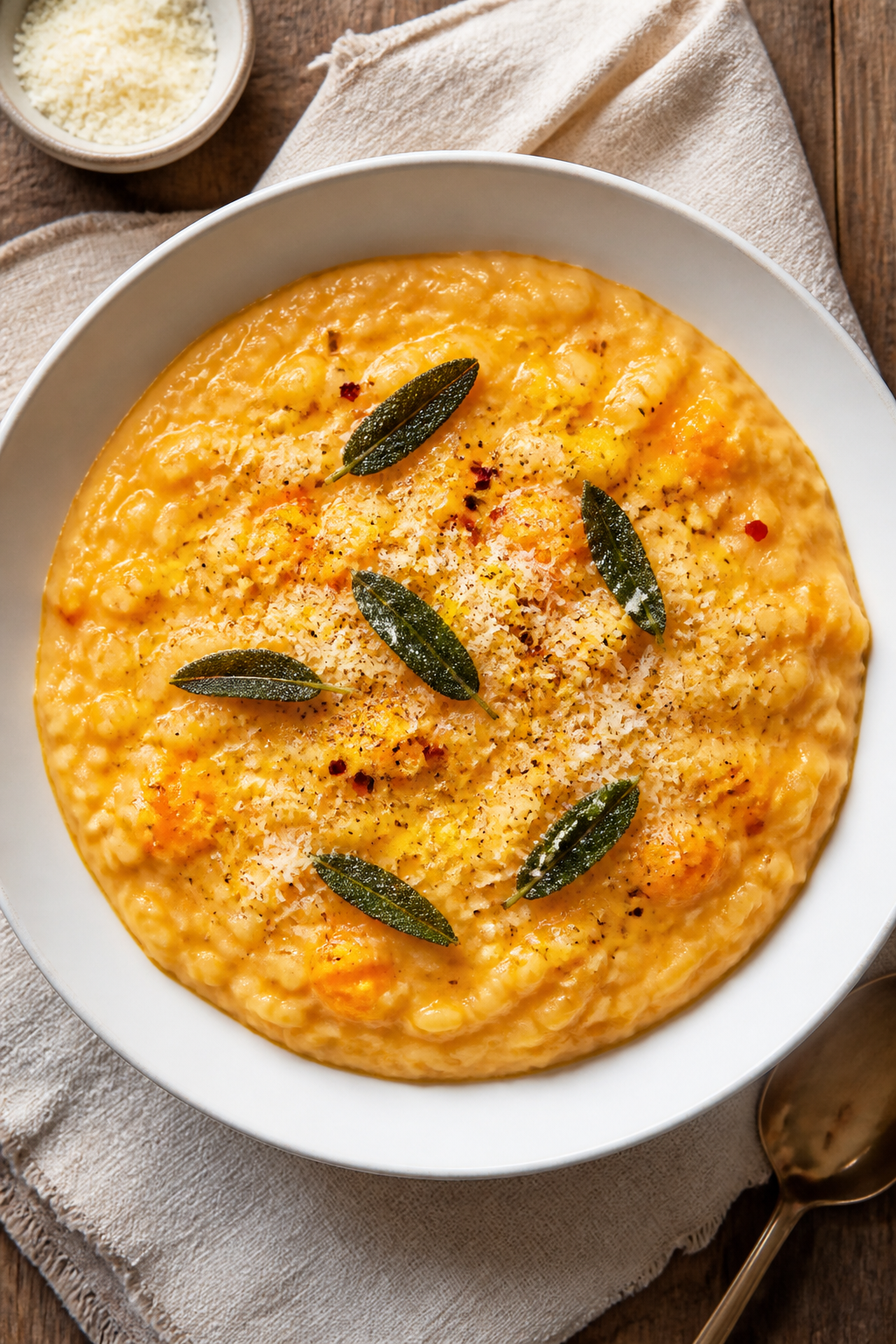 Final dish, tasty top view: Overhead shot of a spoonable, ultra-creamy butternut squash risotto plat