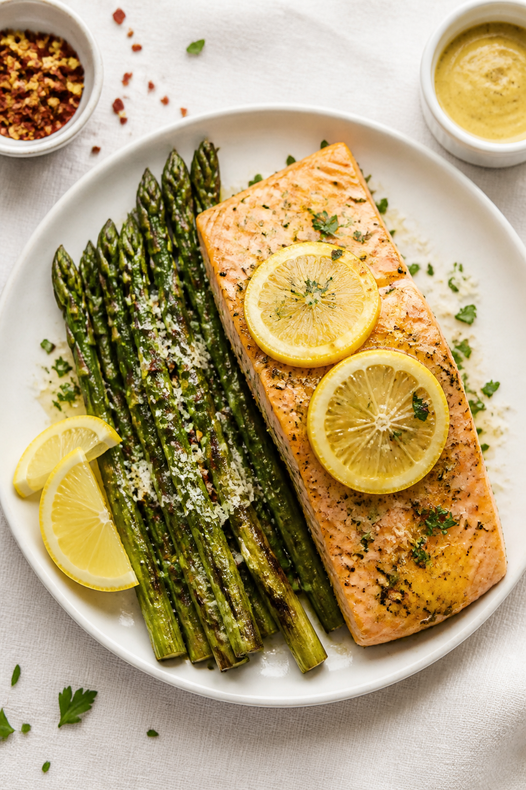 Final dish, tasty top view: Overhead shot of beautifully plated baked salmon with asparagus on a mat