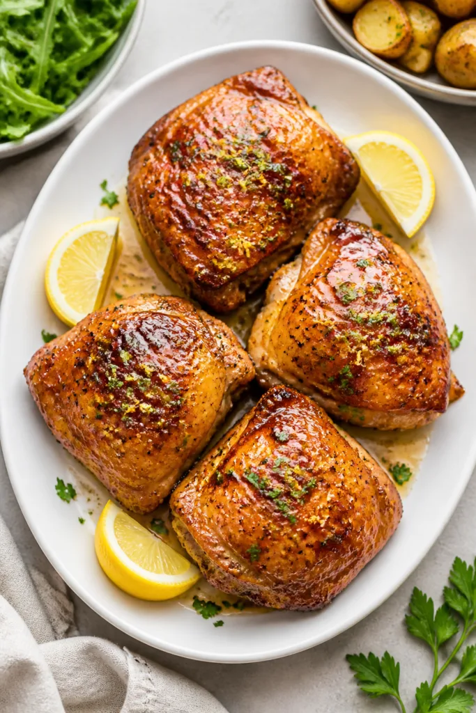 Final dish, tasty top view: Overhead shot of honey garlic lemon pepper chicken thighs plated on a wh